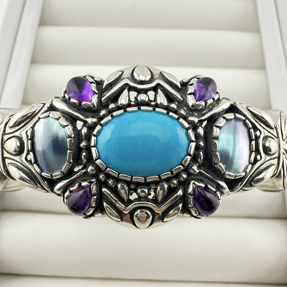 Carolyn Pollack Bracelet Cuff Turquoise Amethyst Pearl Leather Sterling Silver - Picture 3 of 15